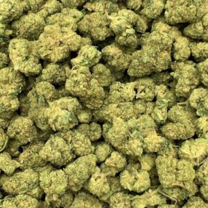 Grandi Guava THCa Flower buds on a white background, showcasing vibrant, colorful nugs with a sweet, tropical aroma